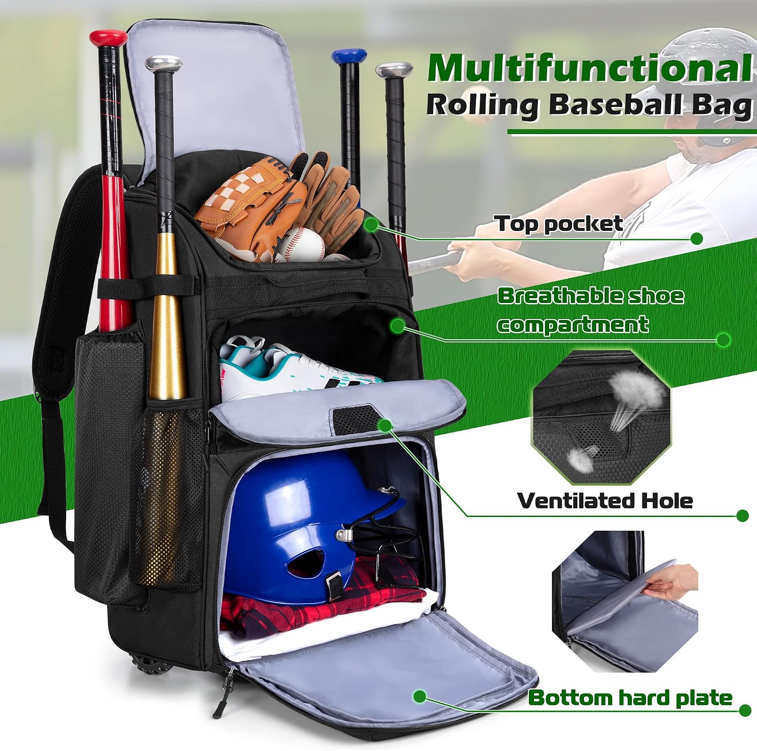 Rolling Baseball Backpack With - Sports Equipment Bat review and price